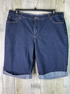 Faded Glory Size 20W Bermuda Length 12” Dark Blue Denim Shorts Rolled Fixed Hem
